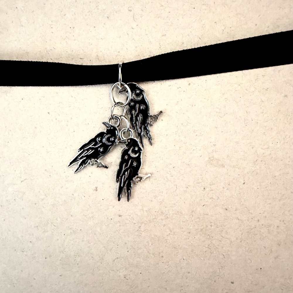 Black Velvet Choker with Crow Charms - Women's Jewelry